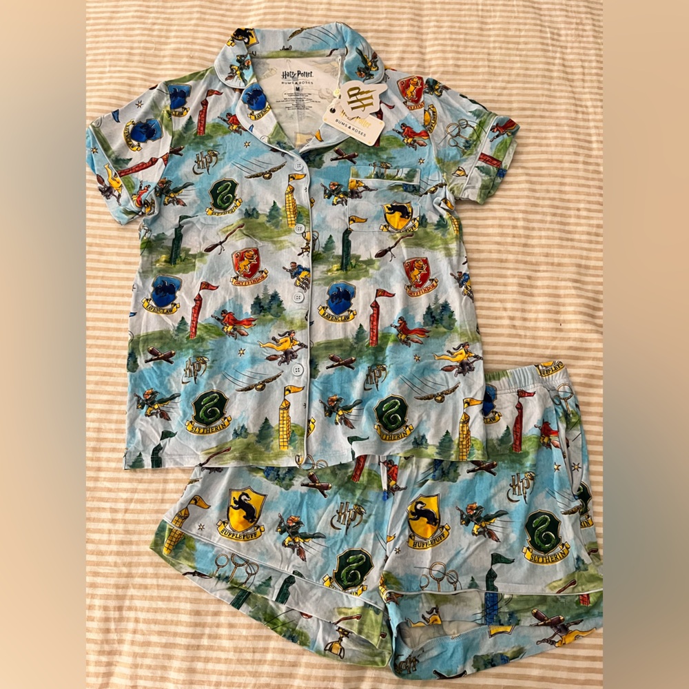 NWT- Bums & Roses Women’s  Pajama Set - Blue with Wizard Crests
